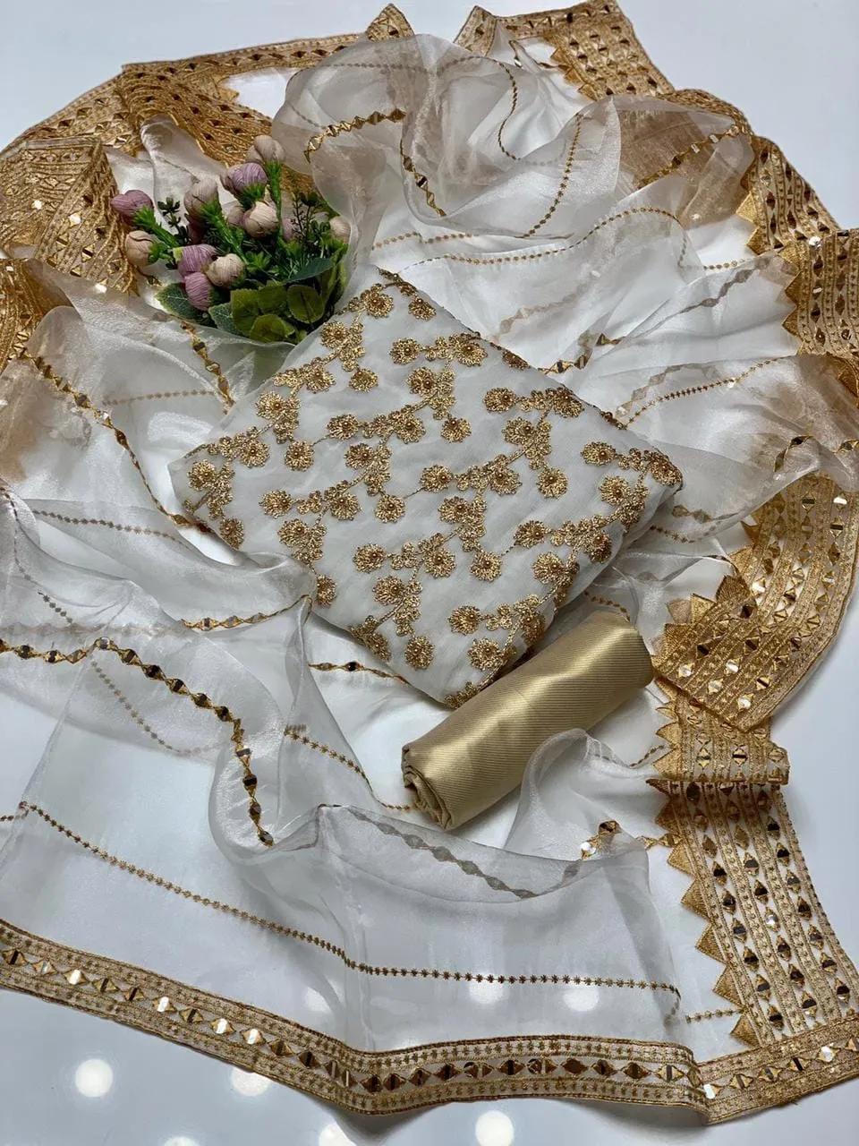Fancy 3-Piece Embroidered Suit White Organza Dupatta Eid Wedding Party Wear Unstitched Pakistan
