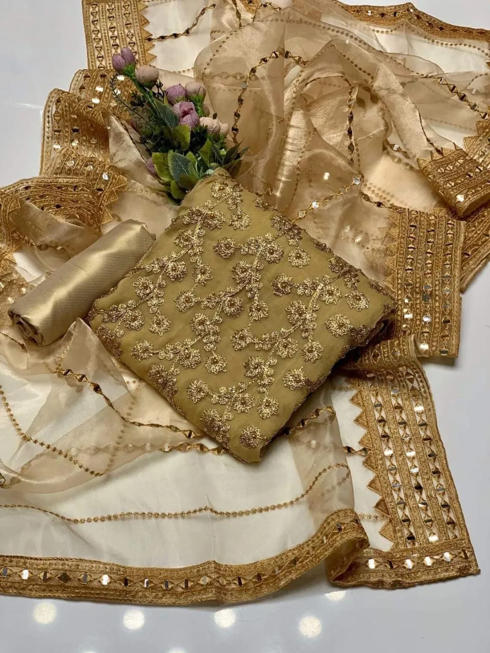 Fancy 3-Piece Embroidered Suit Golden Chiffon with Organza Dupatta