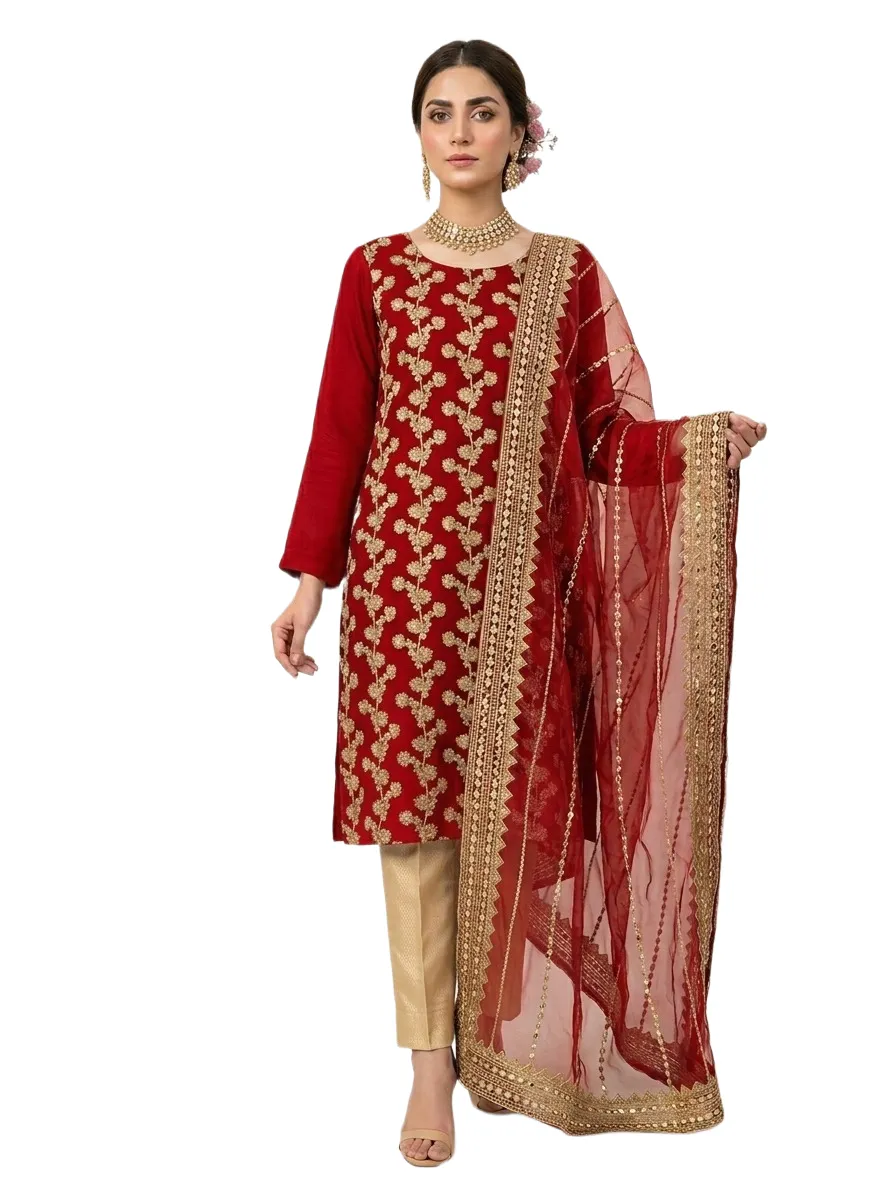 Fancy Red Embroidered 3-Piece Women Suit with Organza Dupatta