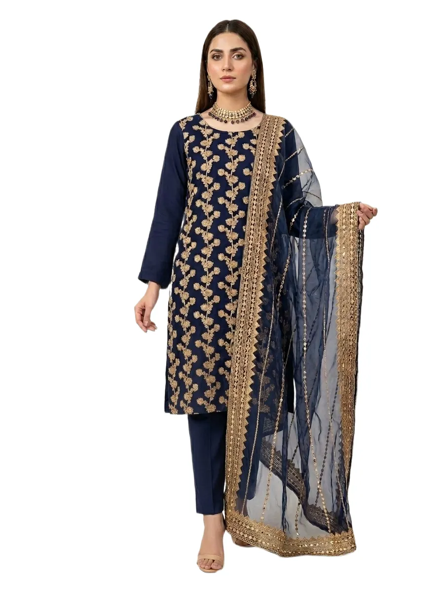 Fancy 3-Piece Blue Chiffon Suit with Sequins Dupatta for Eid & Weddings
