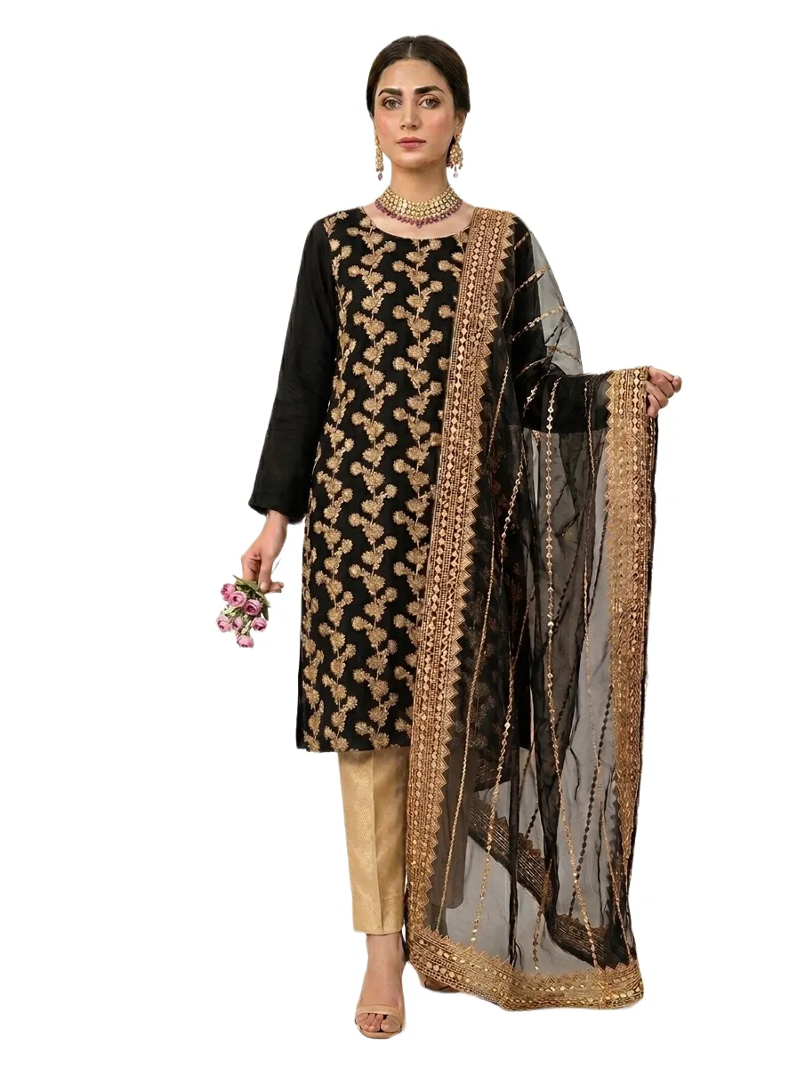 Fancy 3-Piece Embroidered Black Chiffon Suit with Sequins Dupatta