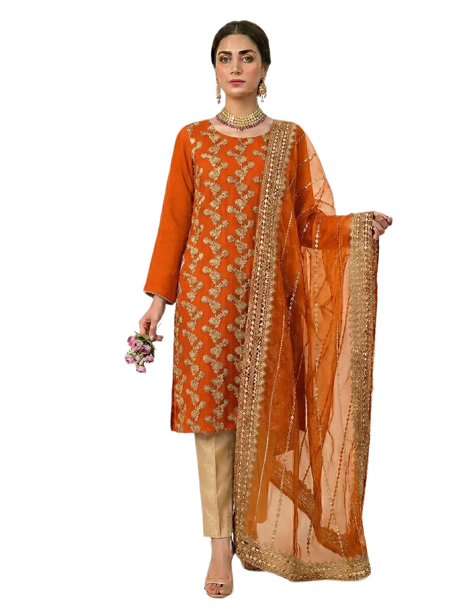 Fancy 3-Piece Women Suit Orange Embroidered Organza Dupatta