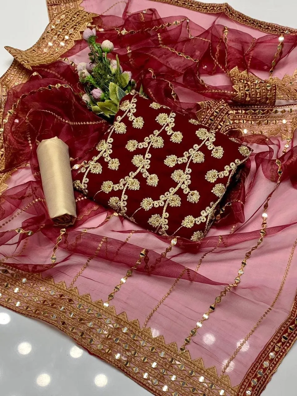 Fancy Maroon 3-Piece Chiffon Suit with Sequins Dupatta