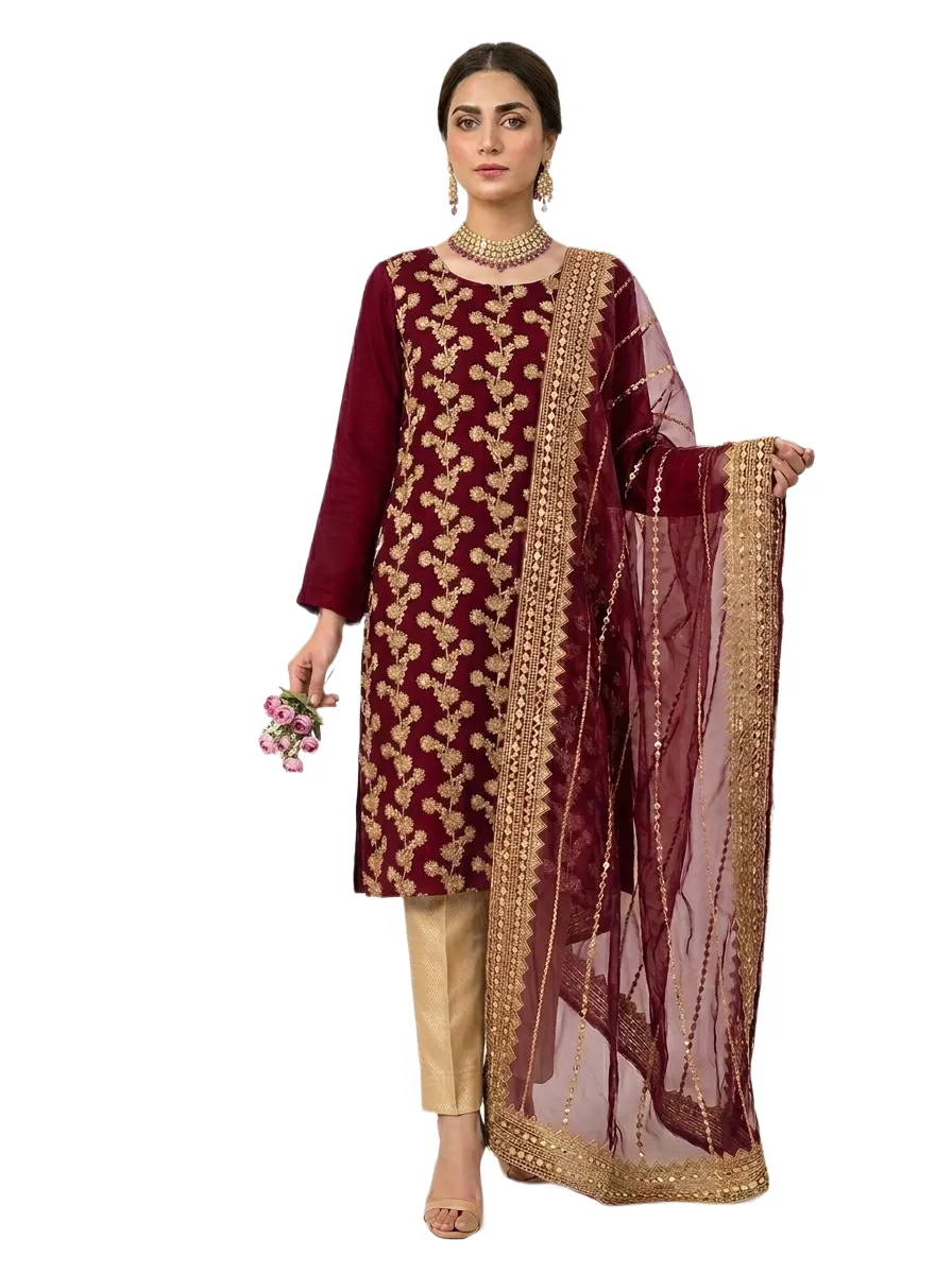 Fancy Maroon 3-Piece Chiffon Suit with Sequins Dupatta