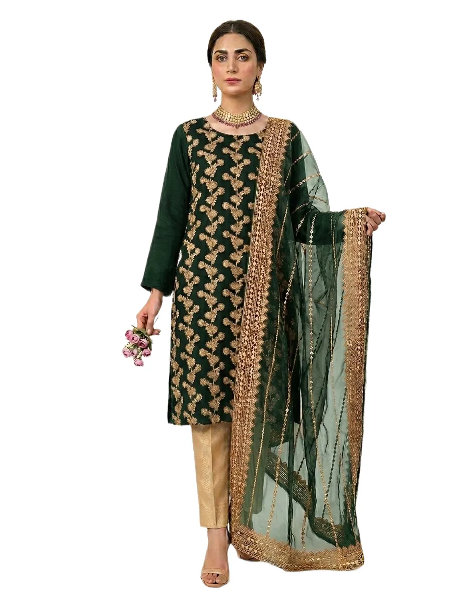 Fancy 3-Piece Green Embroidered Eid Suit with Sequins Dupatta