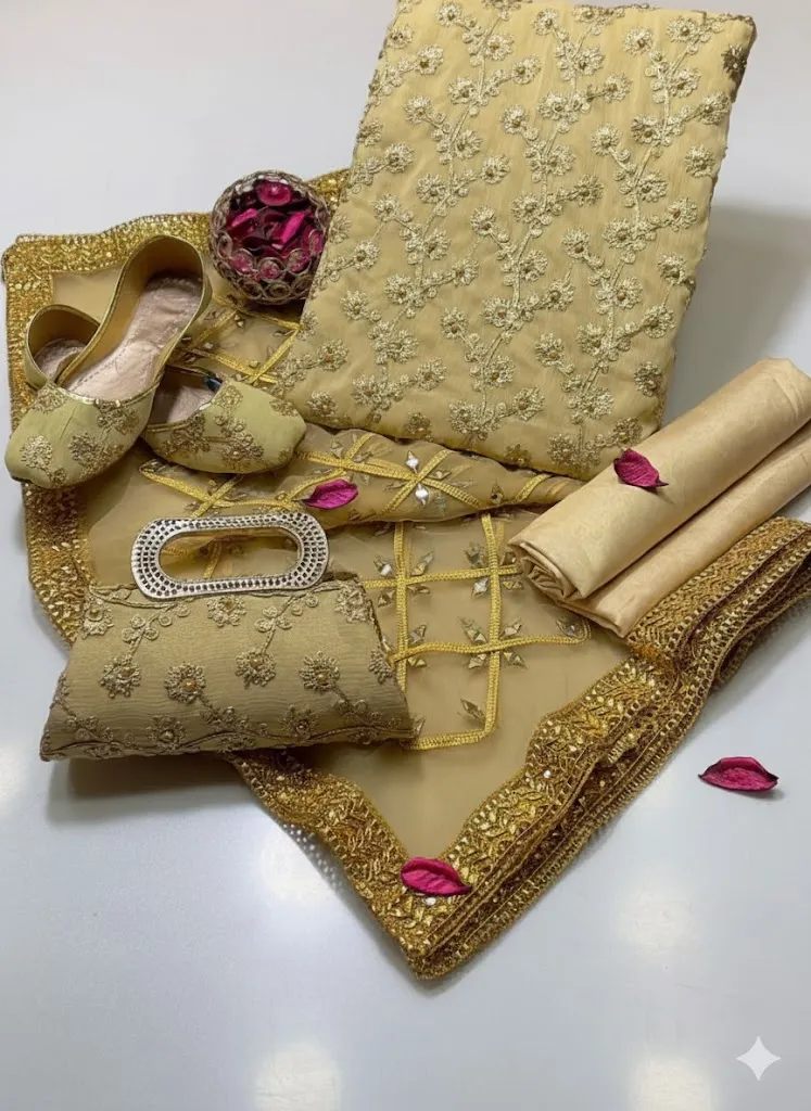 Fancy 5-Piece Women Suit Set Beige Embroidered for Eid & Weddings