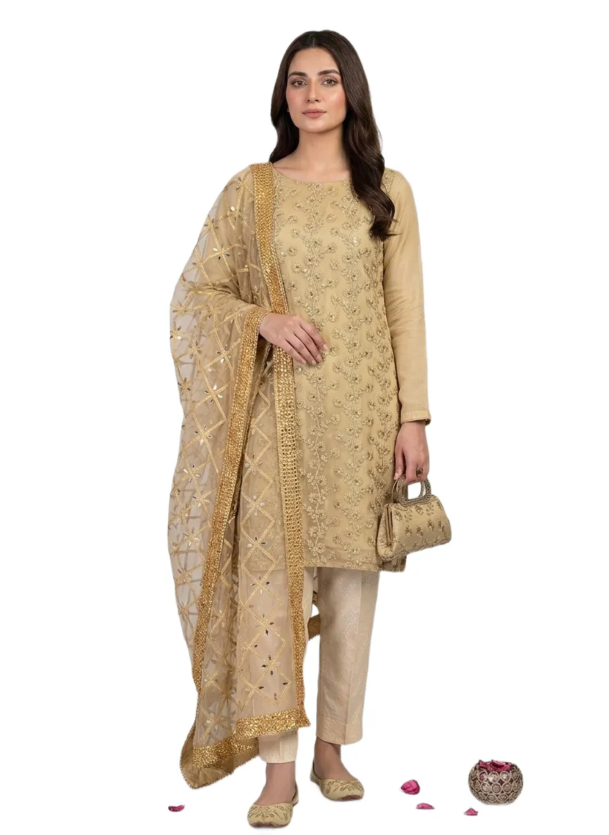 Fancy 5-Piece Women Suit Set Beige Embroidered for Eid & Weddings