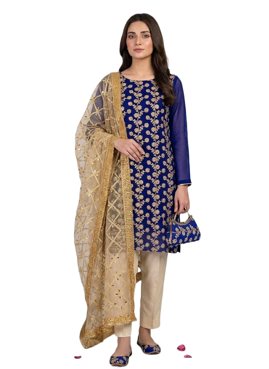 Fancy 5-Piece Women Suit Set Blue Embroidered for Eid & Weddings