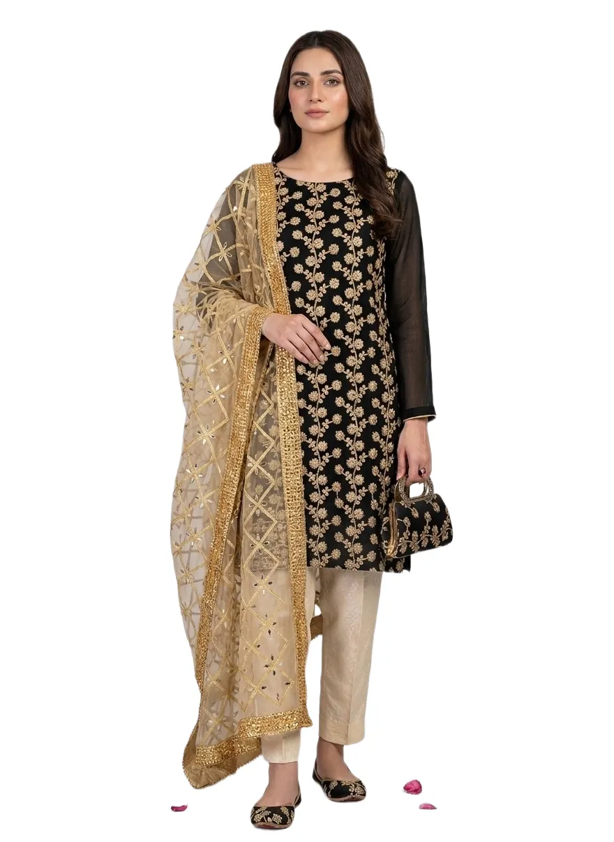 Fancy 5-Piece Black Embroidered Khussa Suit for Women