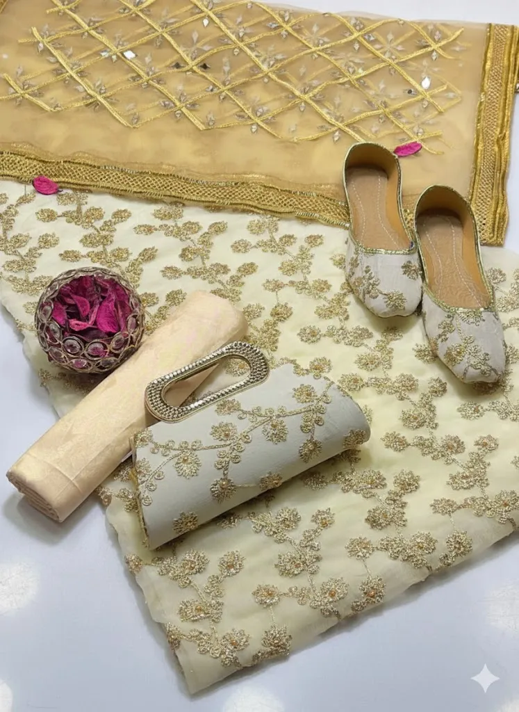 Fancy 5-Piece Women Suit Set Off White Embroidered for Eid & Weddings