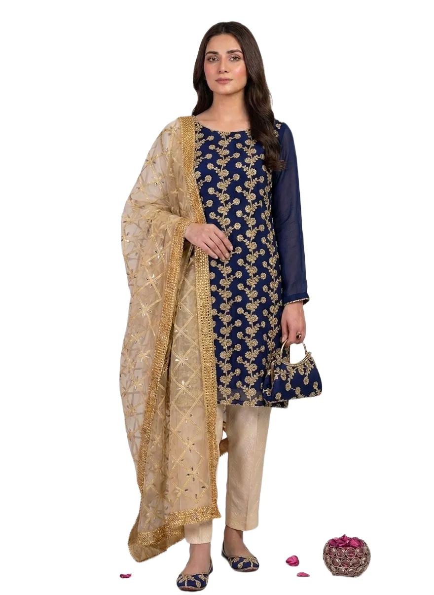 Fancy 5-Piece Embroidered Suit for Women Blue Silk Chiffon Set