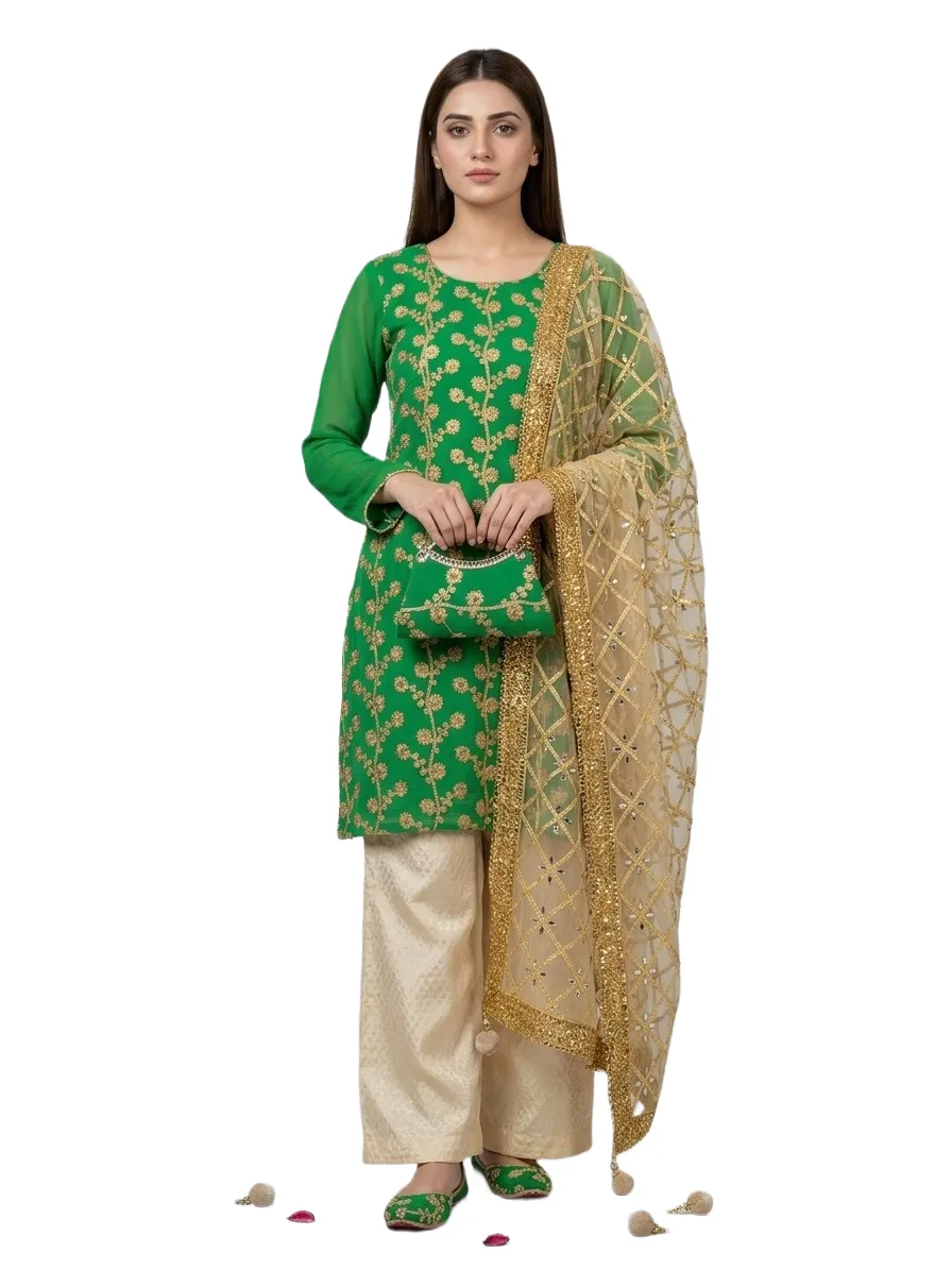 Fancy Green Embroidered 5-Piece Women Suit Set for Eid & Parties