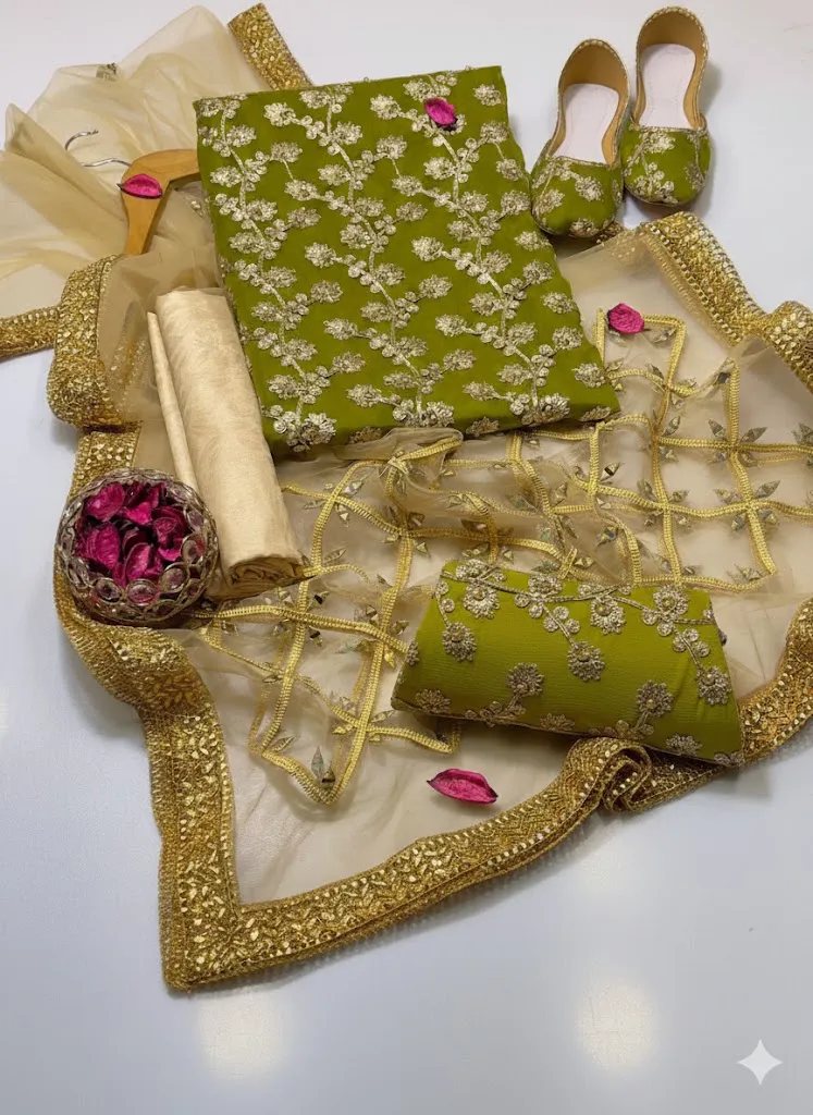 Fancy 5-Piece Green Embroidered Chiffon Eid Suit Set for Women