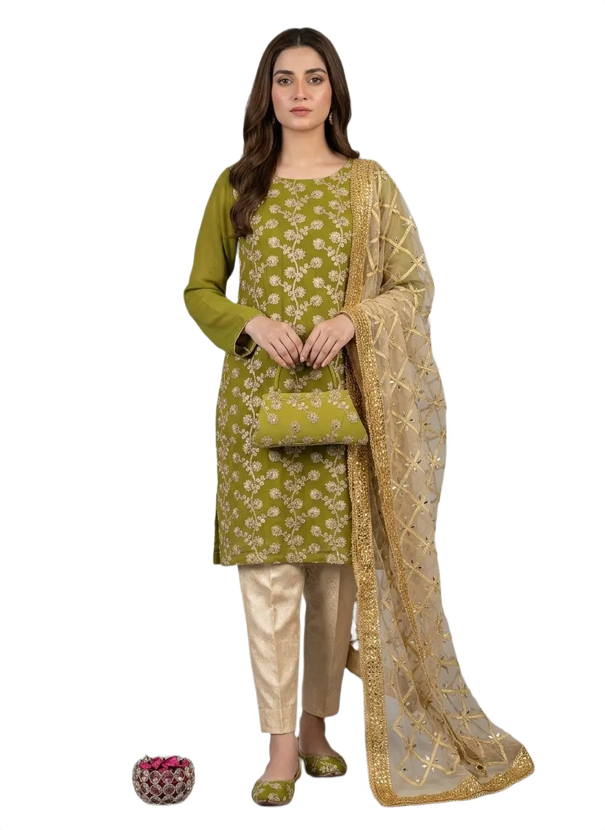 Fancy 5-Piece Green Embroidered Chiffon Eid Suit Set for Women