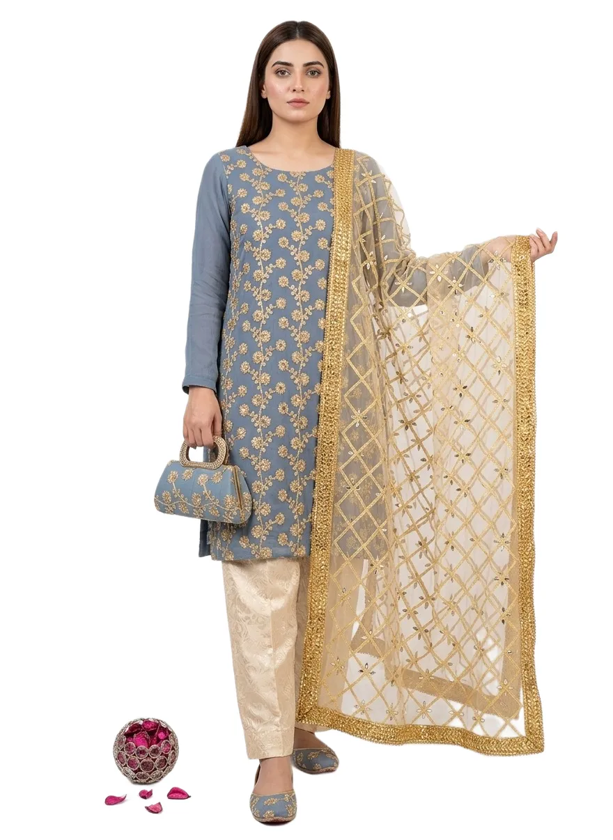 Fancy 5-Piece Women Suit Set with Embroidered Khussa & Clutch for Eid & Weddings