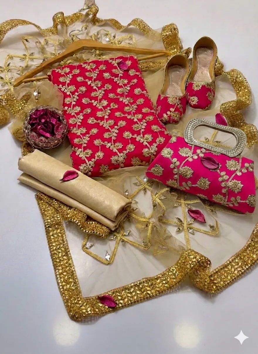 Fancy 5-Piece Pink Chiffon Embroidered Suit Set for Women