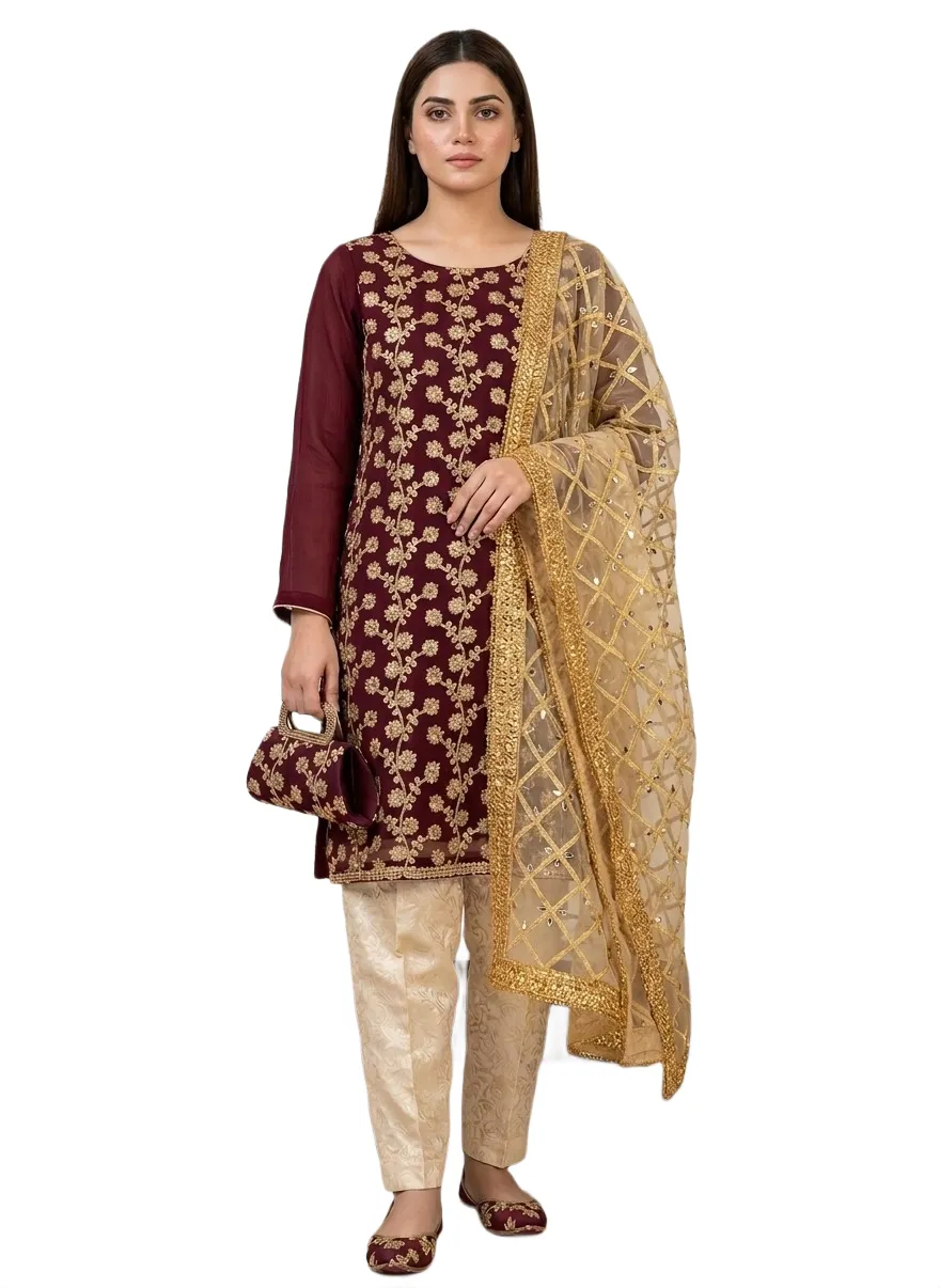 Fancy 5-Piece Women Suit Set Maroon Embroidered for Eid & Weddings