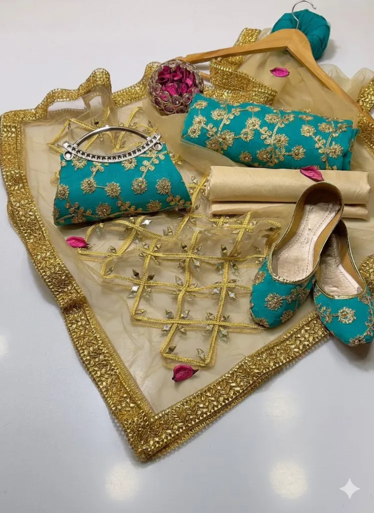 Fancy 5-Piece Embroidered Khussa Suit Green Mirror Dupatta Eid Party Wear