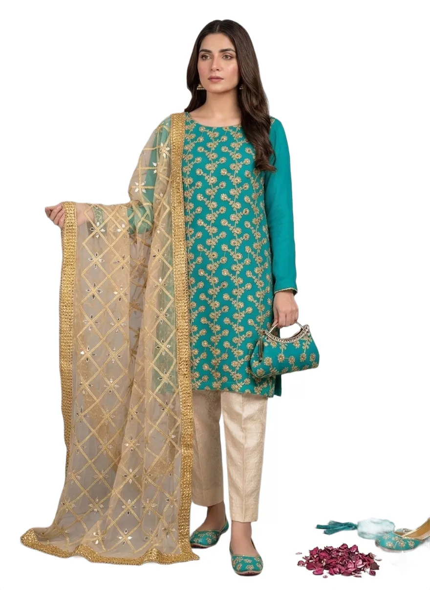Fancy 5-Piece Embroidered Khussa Suit Green Mirror Dupatta Eid Party Wear