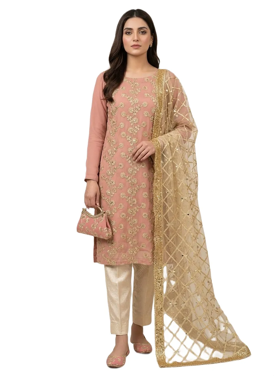 Fancy 5-Piece Women Suit Peach Embroidered Khussa Clutch Set