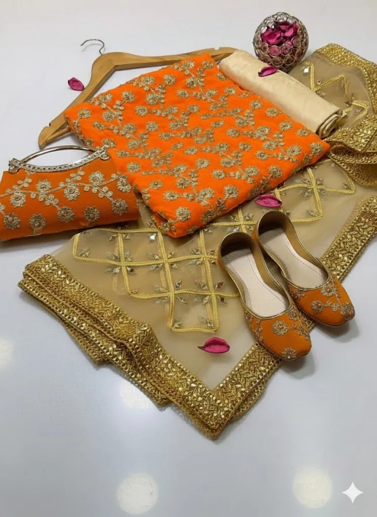 Fancy 5-Piece Embroidered Khussa Suit for Women Orange Eid Wedding Party Wear
