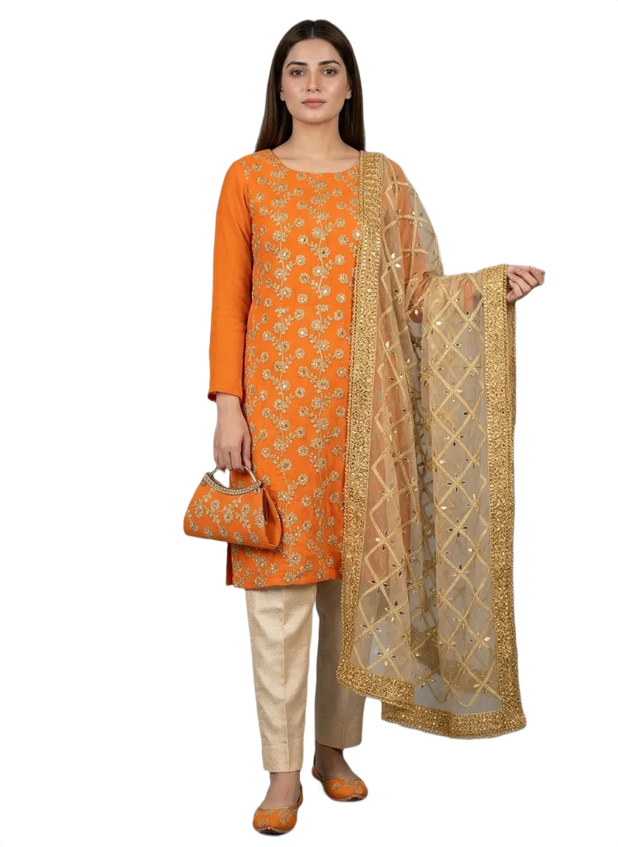 Fancy 5-Piece Embroidered Khussa Suit for Women Orange Eid Wedding Party Wear