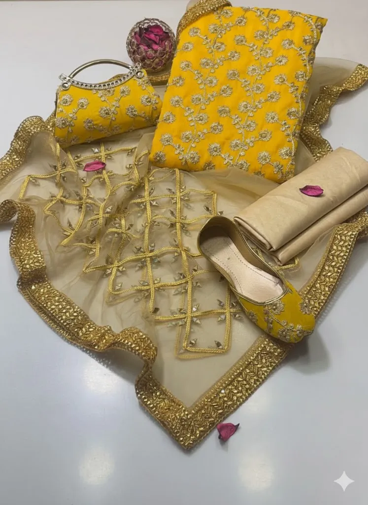 Fancy Eid 5-Piece Embroidered Khussa Suit Yellow for Women