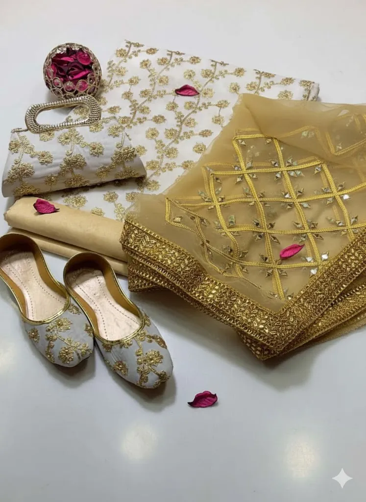 Fancy 5-Piece Women's Embroidered Suit with Khussa & Clutch for Eid & Parties