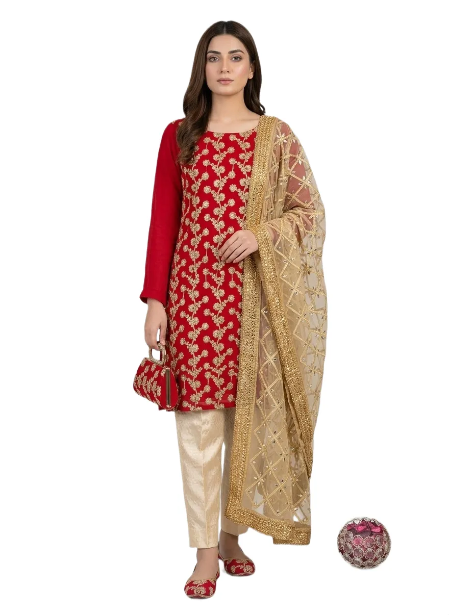 Fancy 5-Piece Embroidered Red Suit for Women Eid Wedding Party Wear