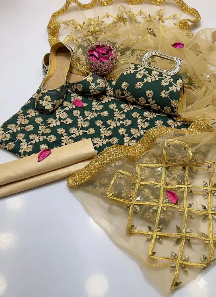 5-Piece Embroidered Chiffon Suit Green for Women