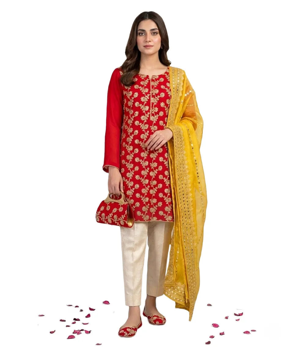 Fancy 5-Piece Women Suit Red Embroidered Khussa Set