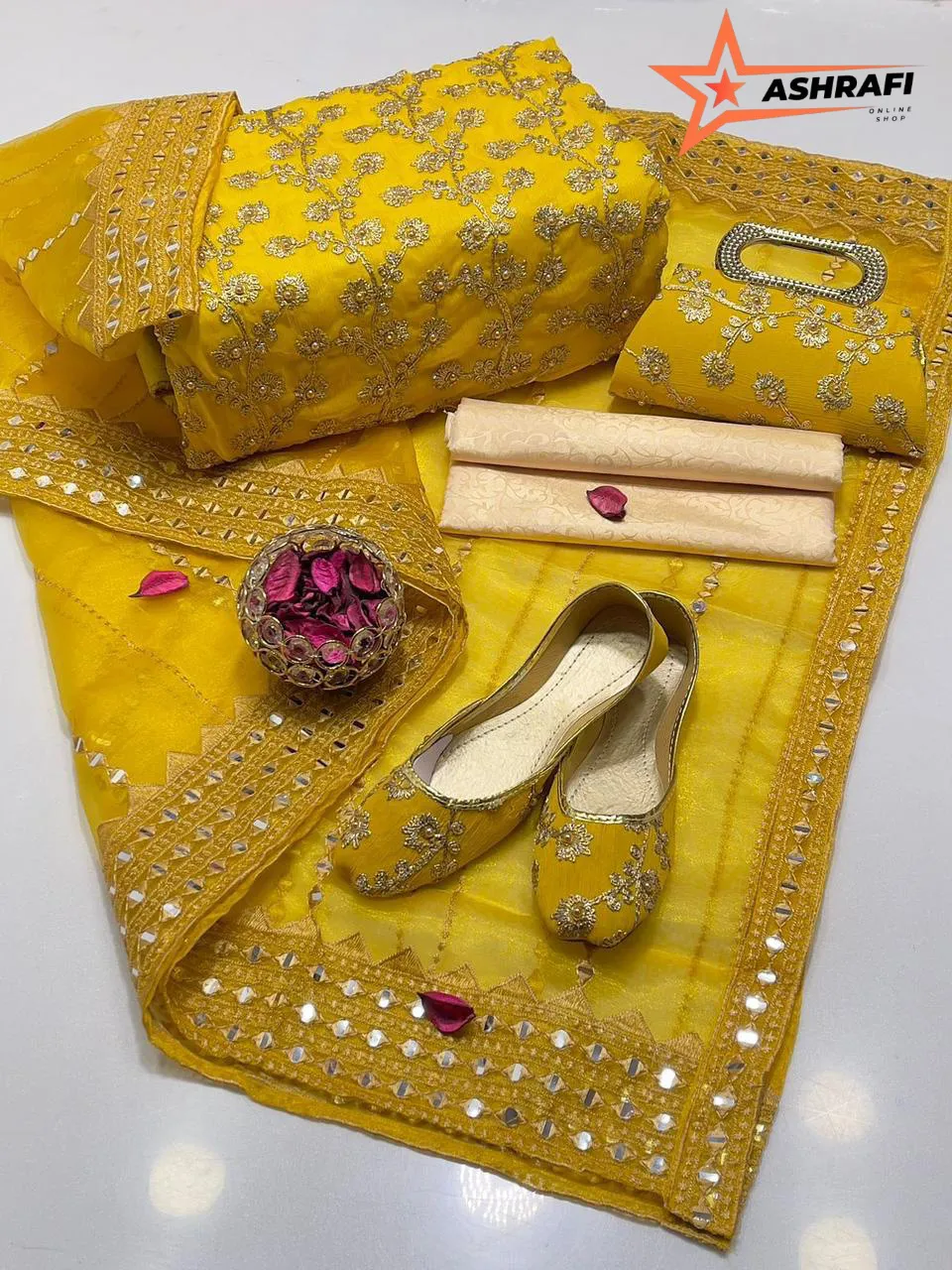 Fancy 5-Piece Yellow Embroidered Women Suit Set for Eid & Weddings