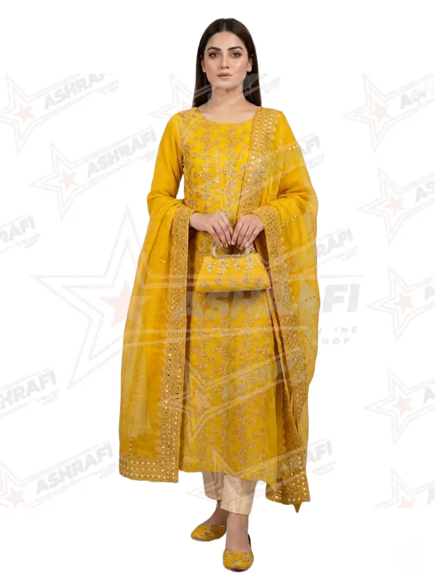 Fancy 5-Piece Yellow Embroidered Women Suit Set for Eid & Weddings