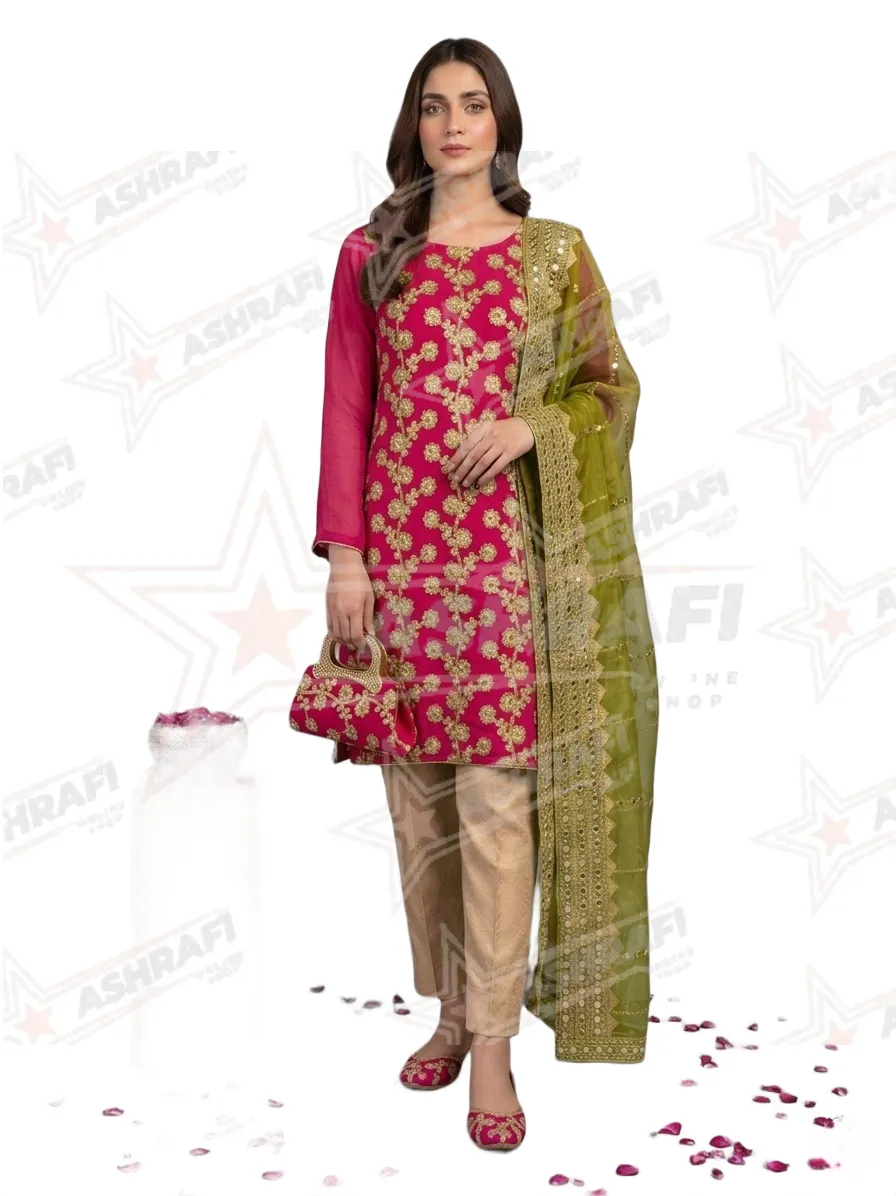 Fancy 5-Piece Pink Embroidered Chiffon Suit for Women with Khussa & Clutch