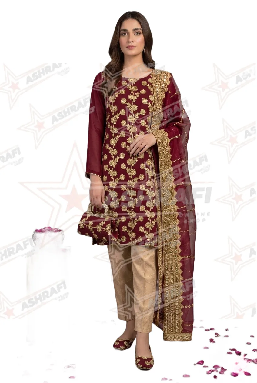 Fancy 5-Piece Women Suit Maroon Embroidered with Khussa Gift Set