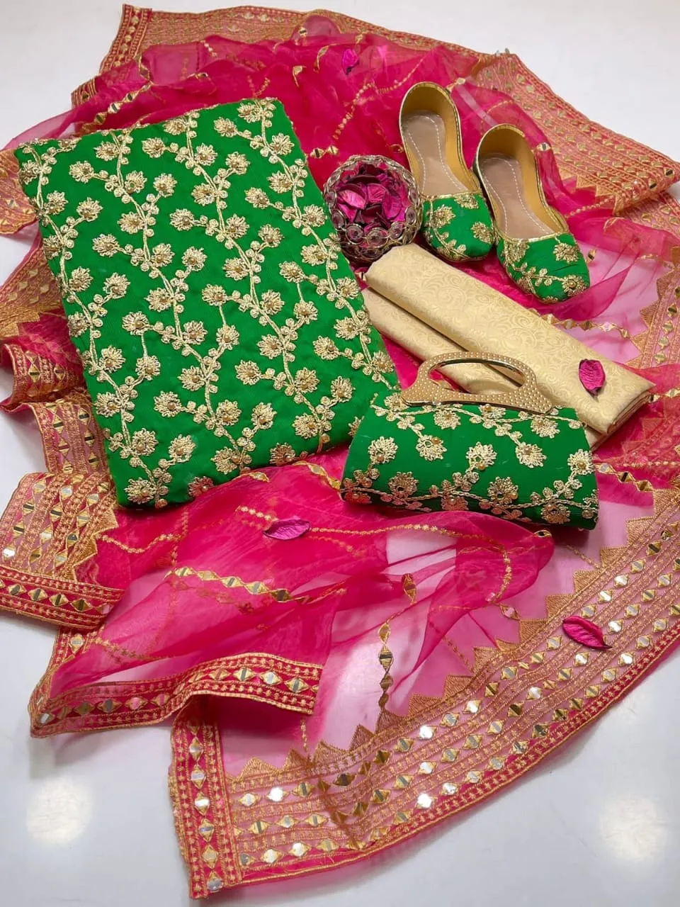 Fancy 5-Piece Green Embroidered Khussa Suit for Women