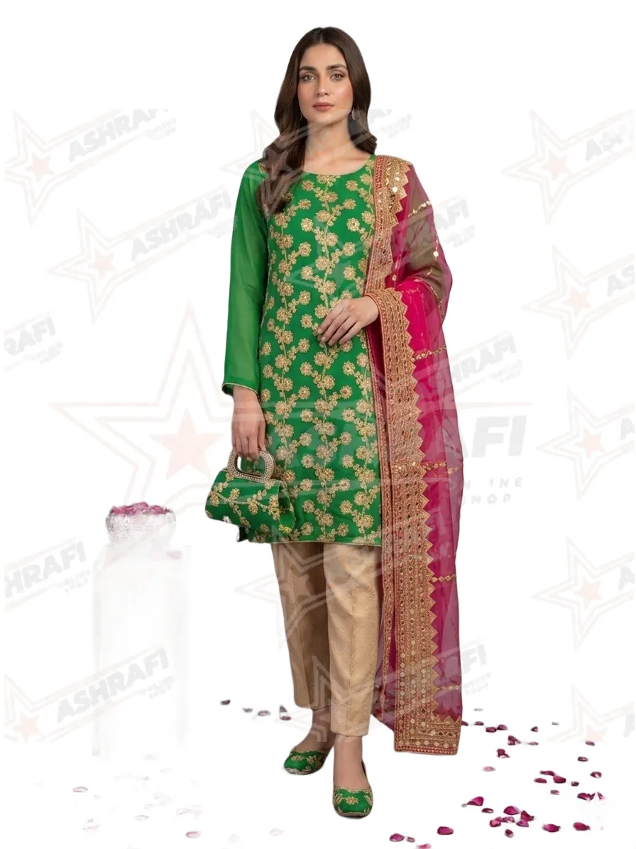 Fancy 5-Piece Green Embroidered Khussa Suit for Women