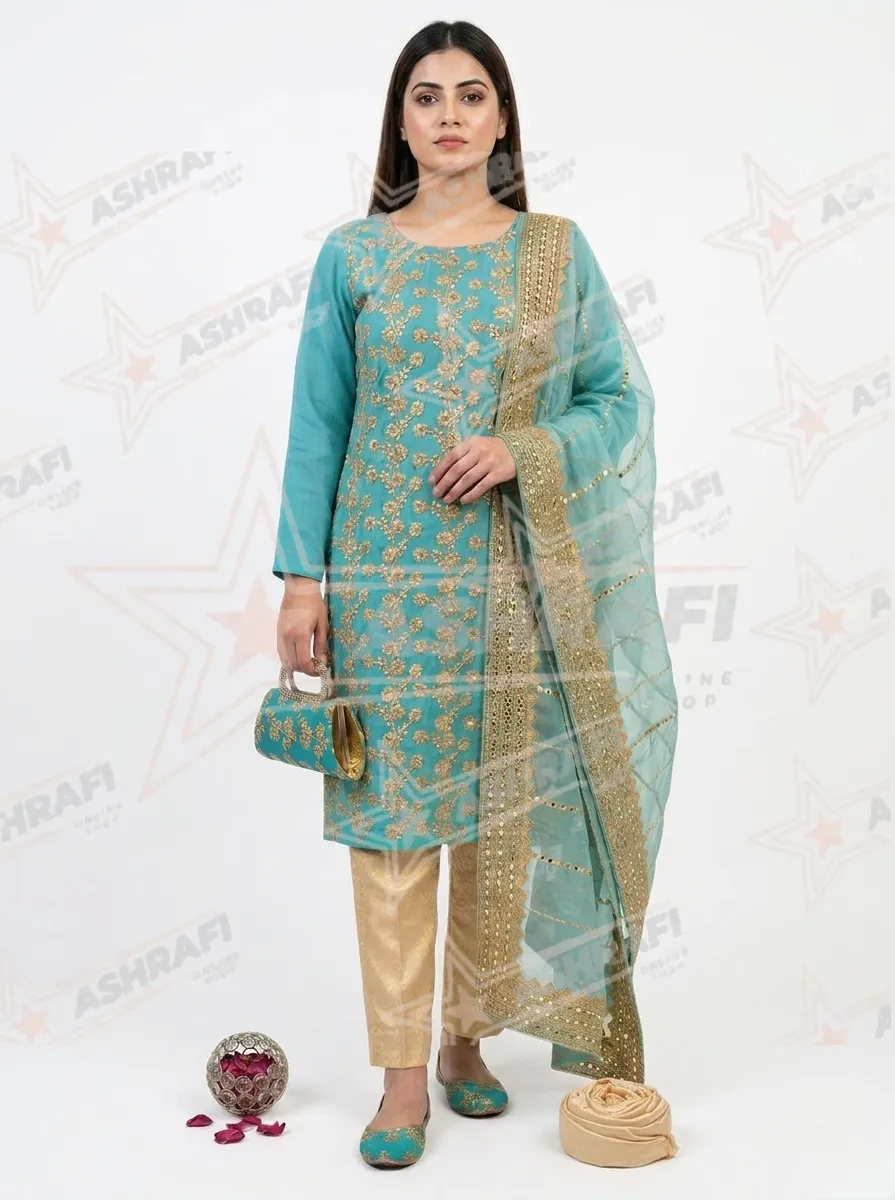 Fancy 5-Piece Green Embroidered Khussa Suit for Women