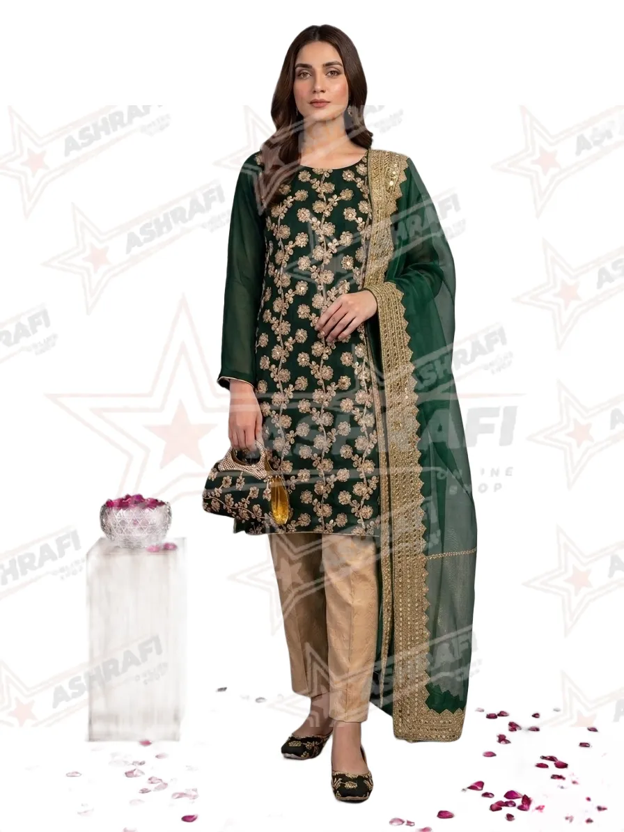 Fantasy Collection 5-Piece Green Embroidered Women Suit with Khussa Gift Set