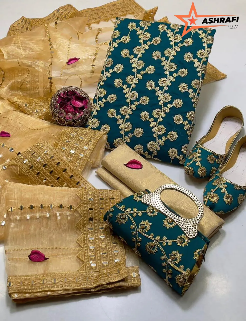 Fancy 5-Piece Women Suit Green Embroidered Khussa Set