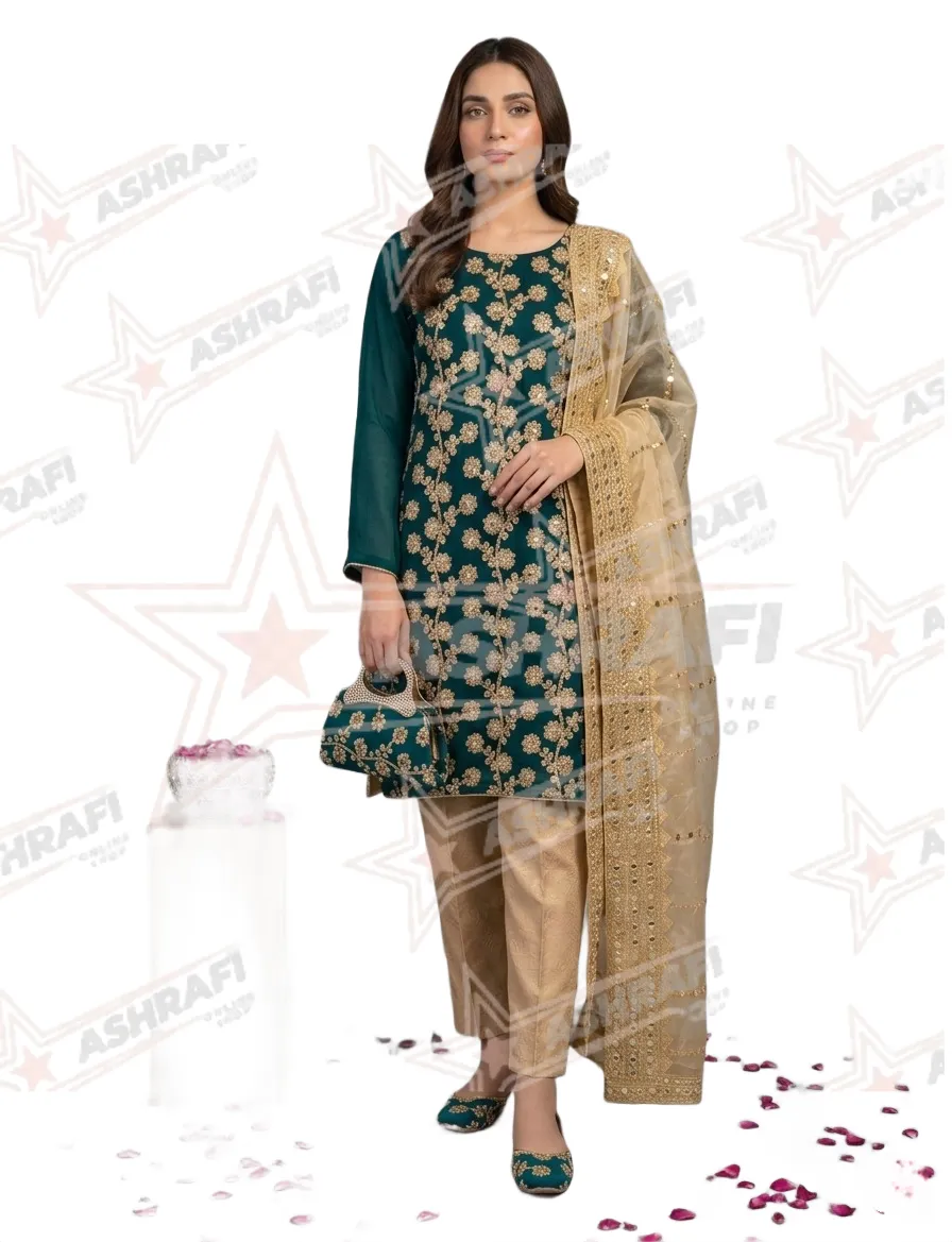 Fancy 5-Piece Women Suit Green Embroidered Khussa Set