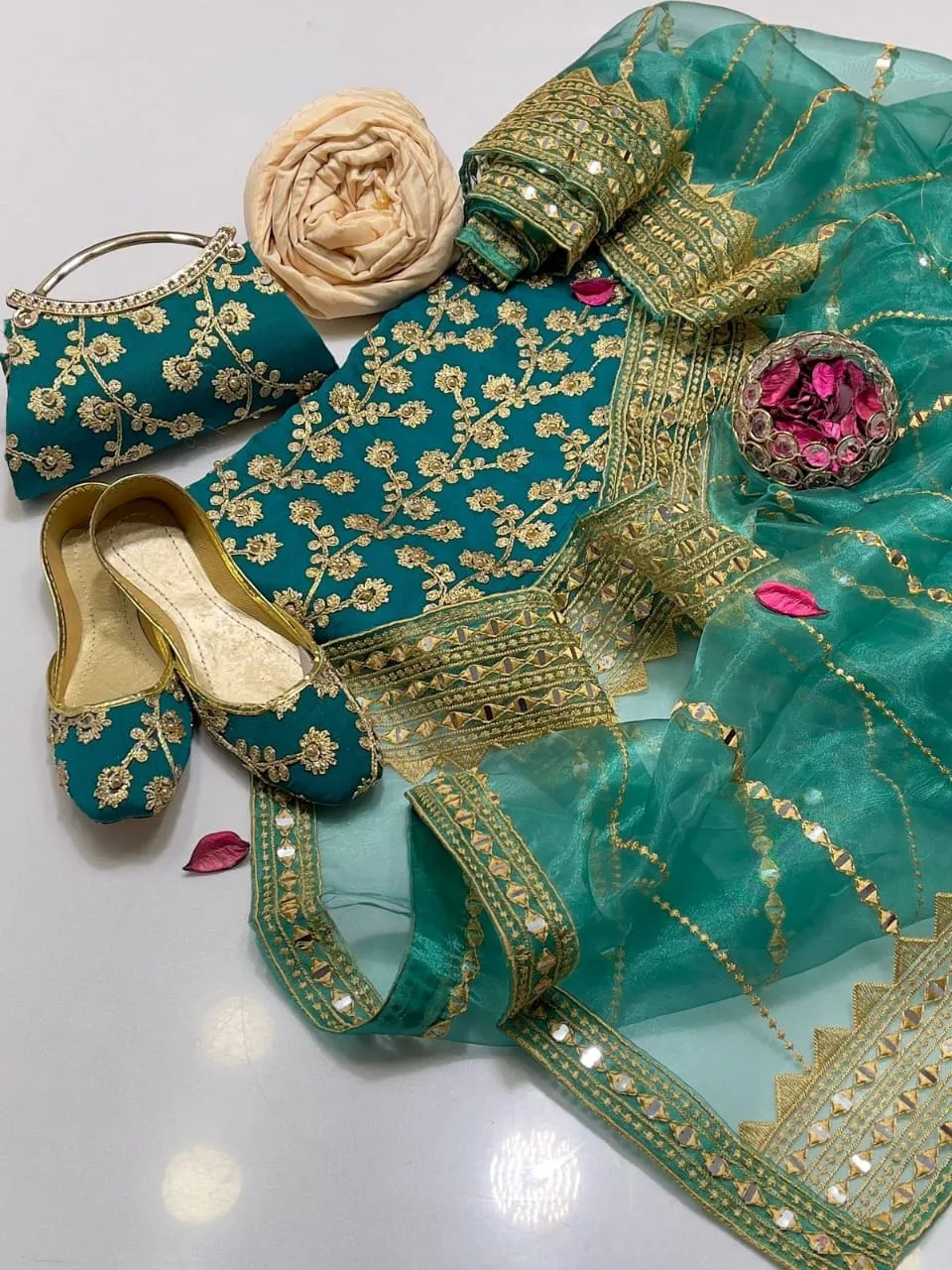 Fantasy Collection 5-Piece Green Embroidered Women Suit with Khussa & Clutch