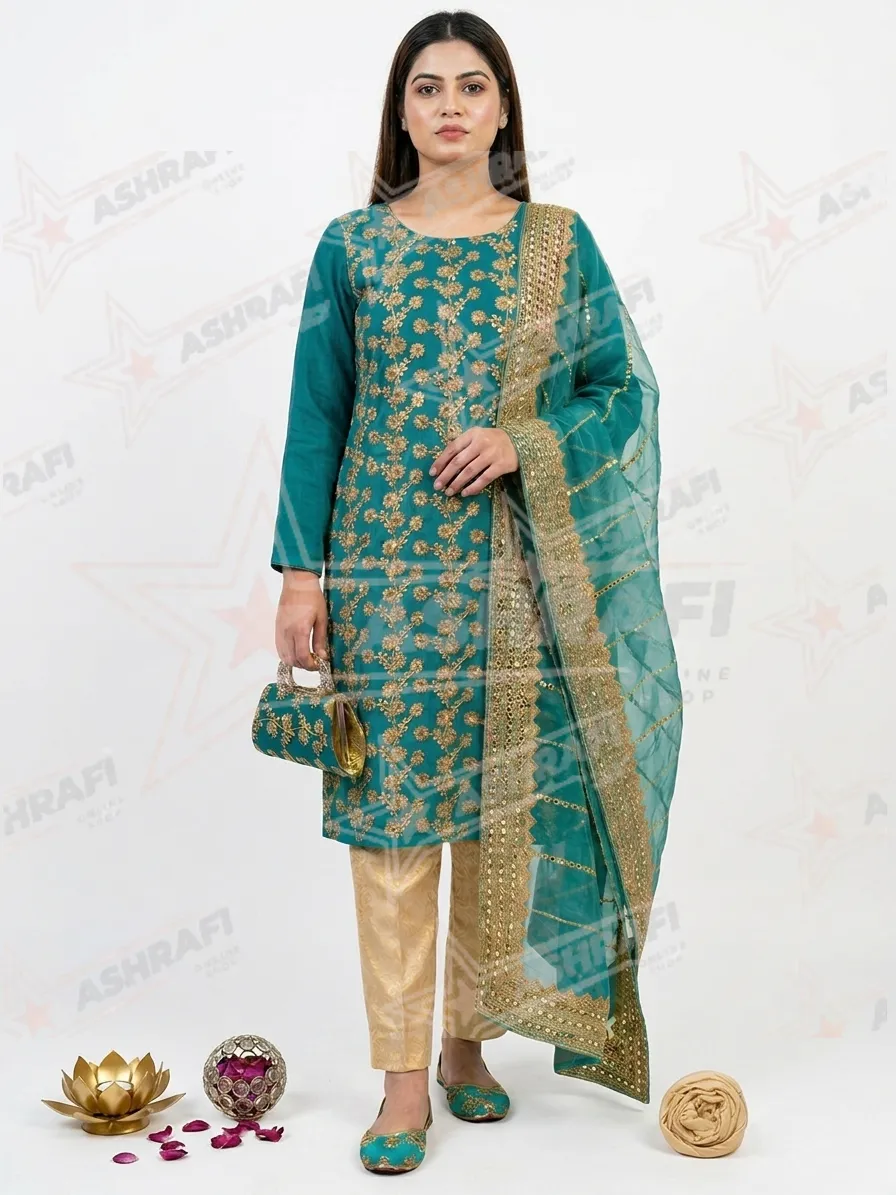 Fantasy Collection 5-Piece Green Embroidered Women Suit with Khussa & Clutch
