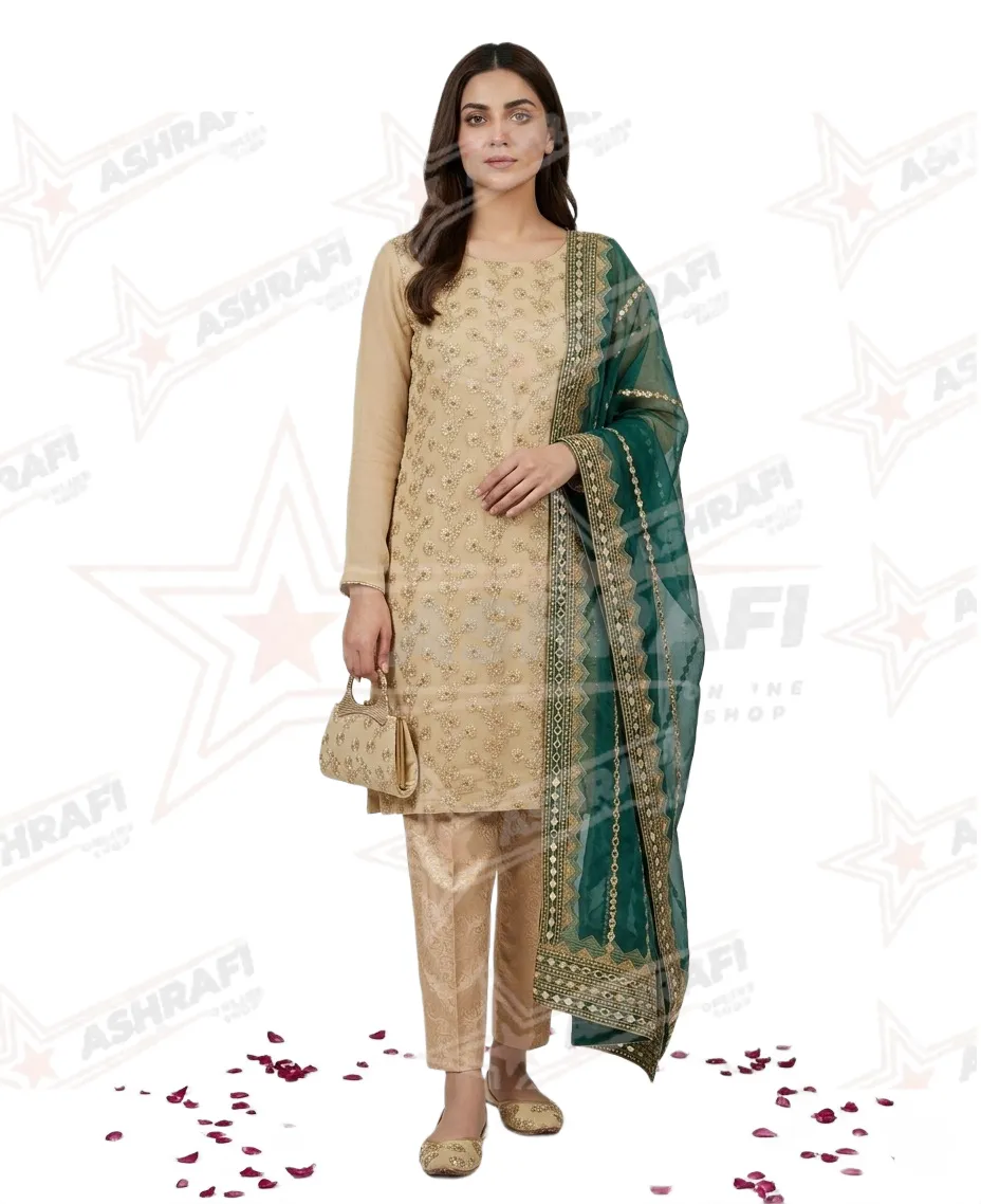 Fancy 5-Piece Women Suit Golden Embroidered Khussa Set
