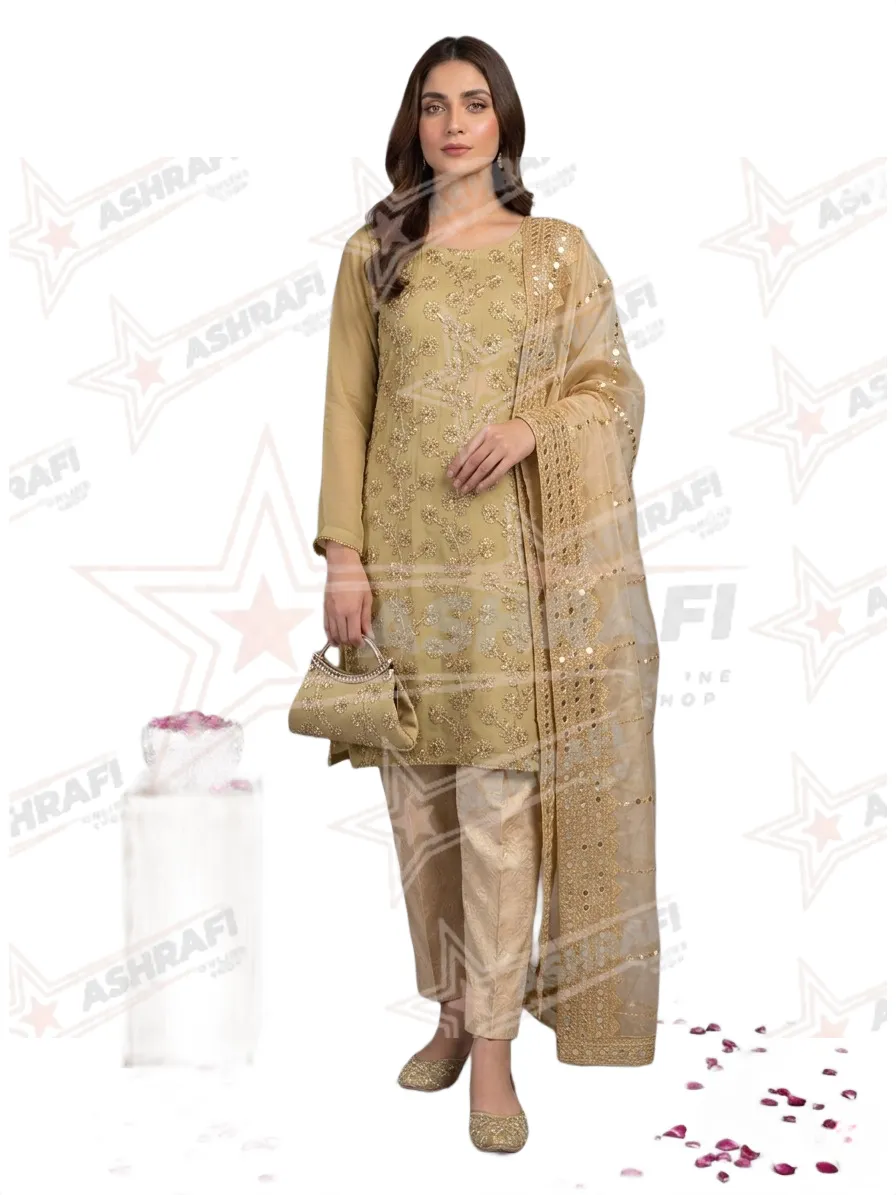 Fancy 5-Piece Women Suit Golden Embroidered Khussa Set
