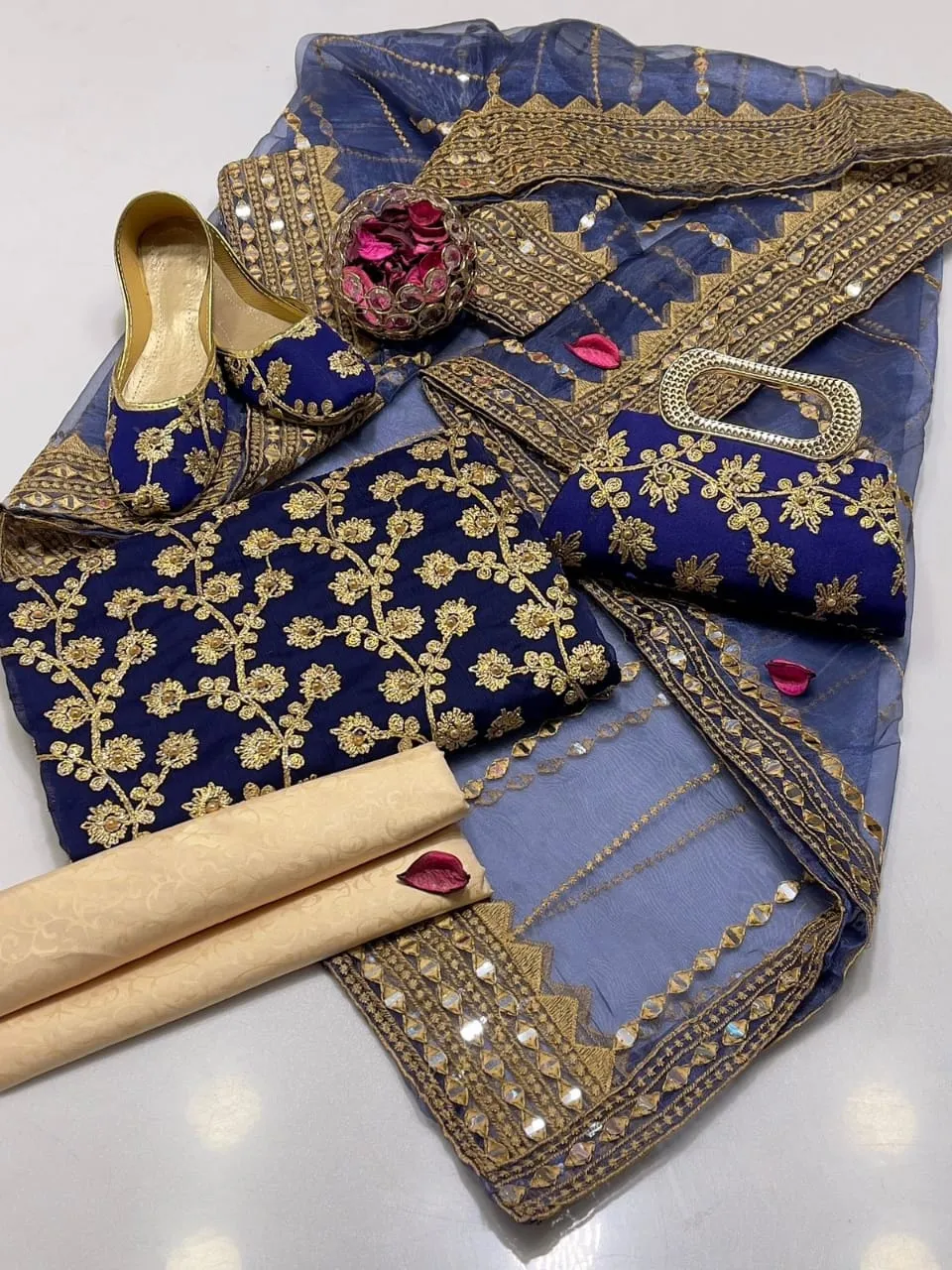 Fancy 5-Piece Embroidered Suit for Women Blue Organza Dupatta