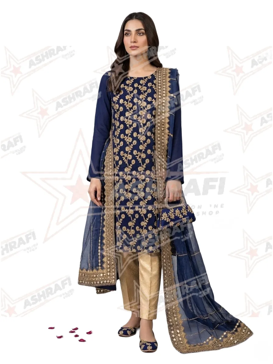 Fancy 5-Piece Embroidered Suit for Women Blue Organza Dupatta