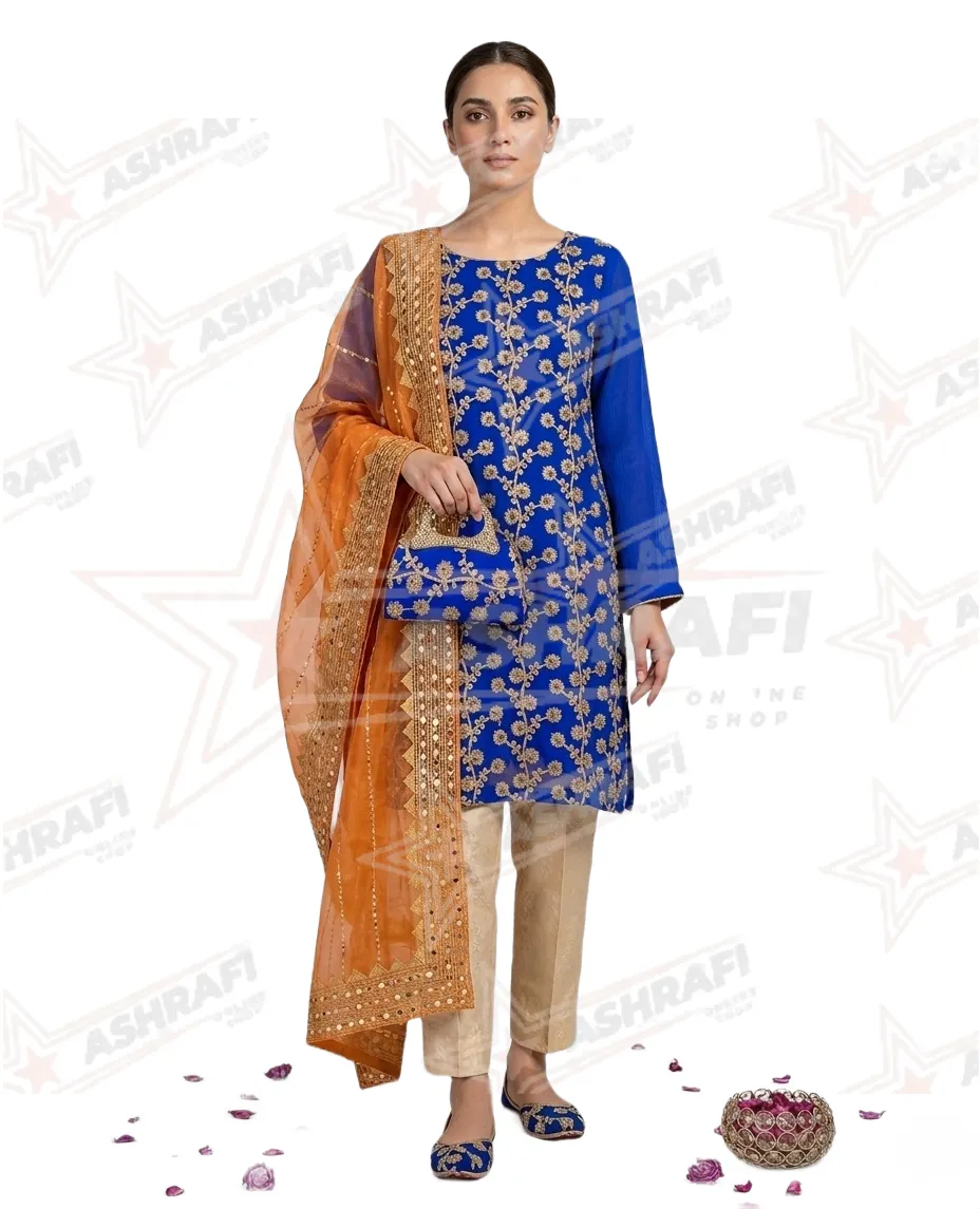 Fancy 5-Piece Women Suit Blue Embroidered Organza Dupatta with Khussa Gift Set