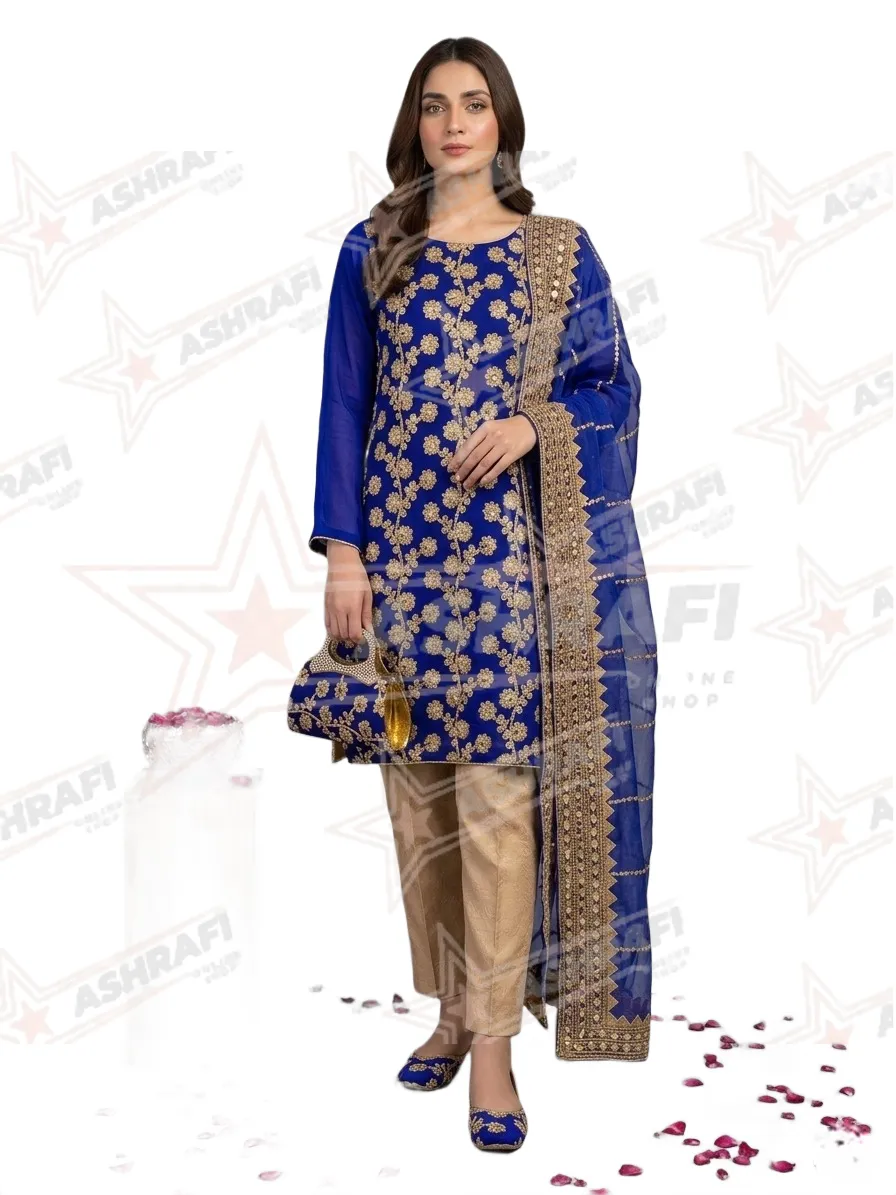 Fancy 5-Piece Women's Blue Embroidered Suit with Khussa & Clutch
