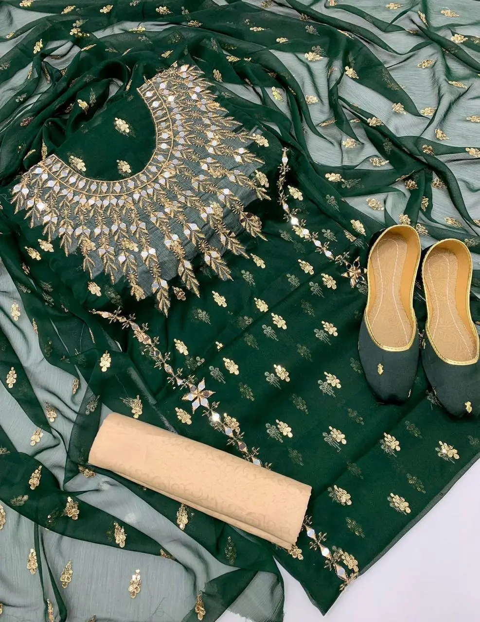 3 Pcs Women’s Unstitched Chiffon Mirror Work Suit